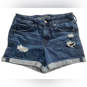 Universal Thread High-Rise Midi Distressed Denim Shorts Dark Wash 8